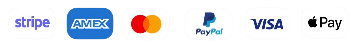 Visa, Mastercard, PayPal, Amex, Stripe, Apple Pay accepted